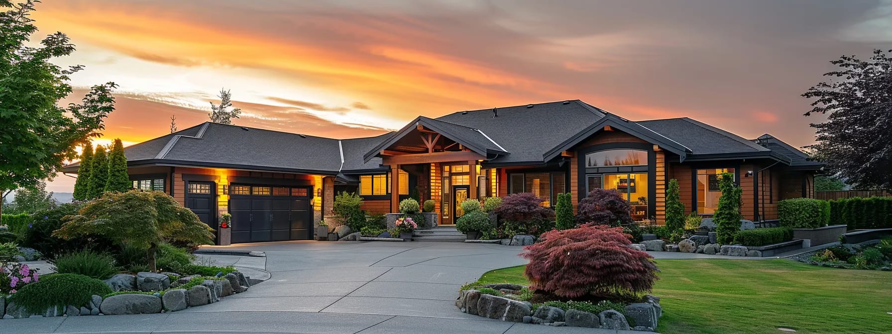 Transform your living space with expert residential home painting tips. Find trusted painting companies nearby and elevate your home's style effortlessly. a meticulously maintained newly painted home stands proudly under the golden glow of sunset, showcasing vibrant exterior colours and impeccable details that highlight its pristine condition and inviting curb appeal.